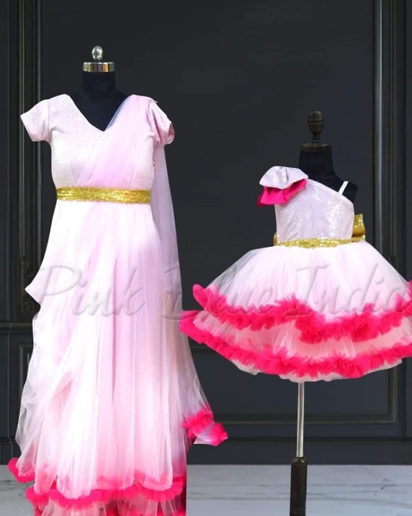 Coordinated pink dresses for mother daughter, party look, stylish & graceful