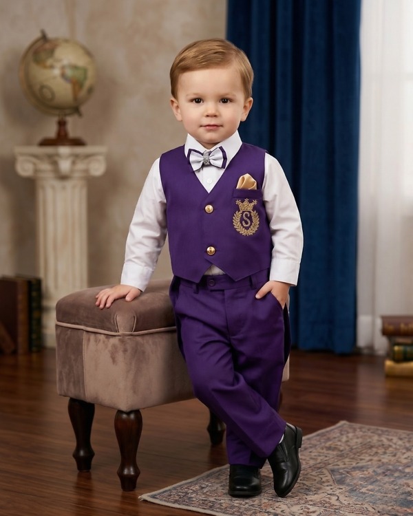 Newborn purple tailcoat waistcoat suit, a vintage-inspired birthday photoshoot ensemble for baby boys