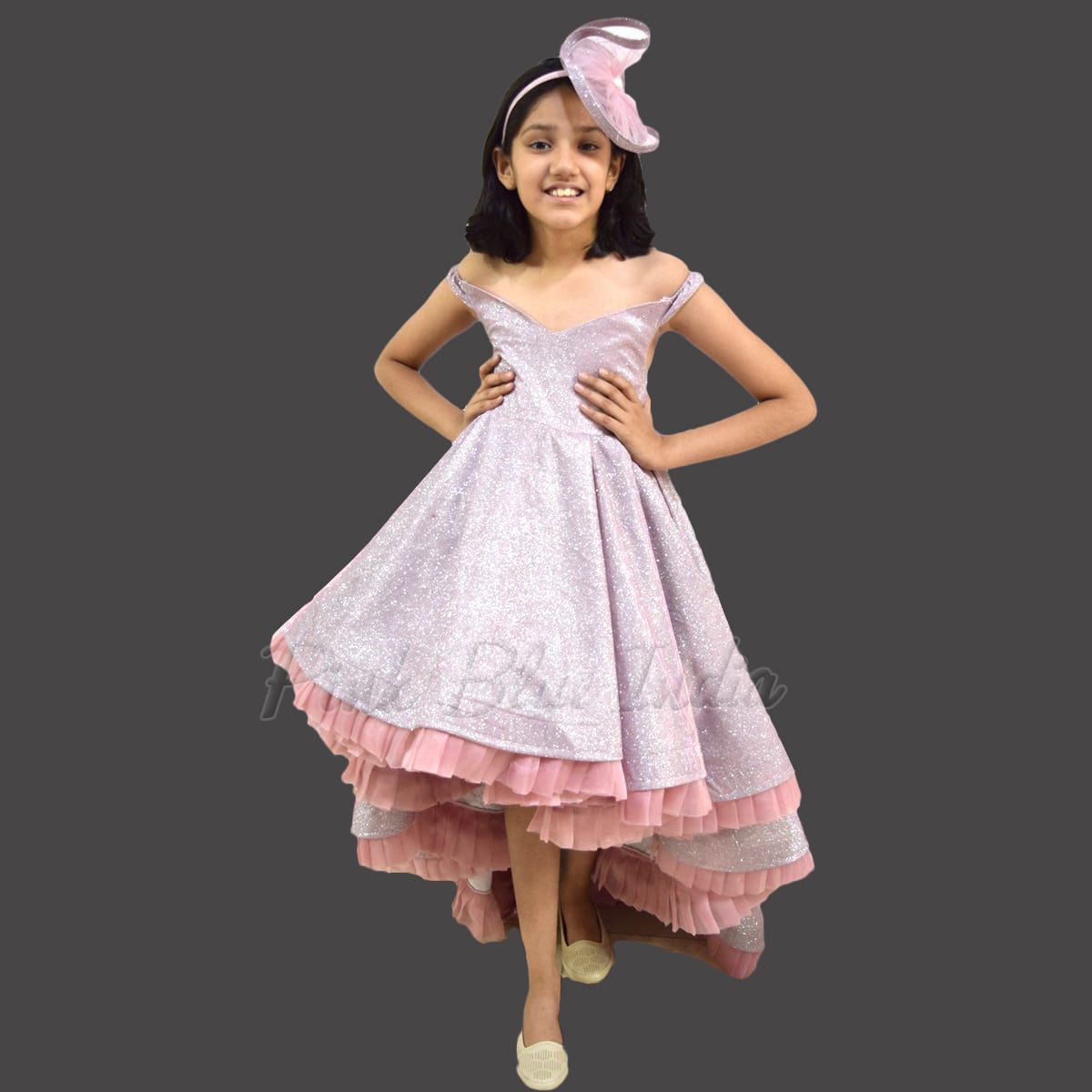 Pink high low party gown for girls birthday celebration elegant off shoulder dress