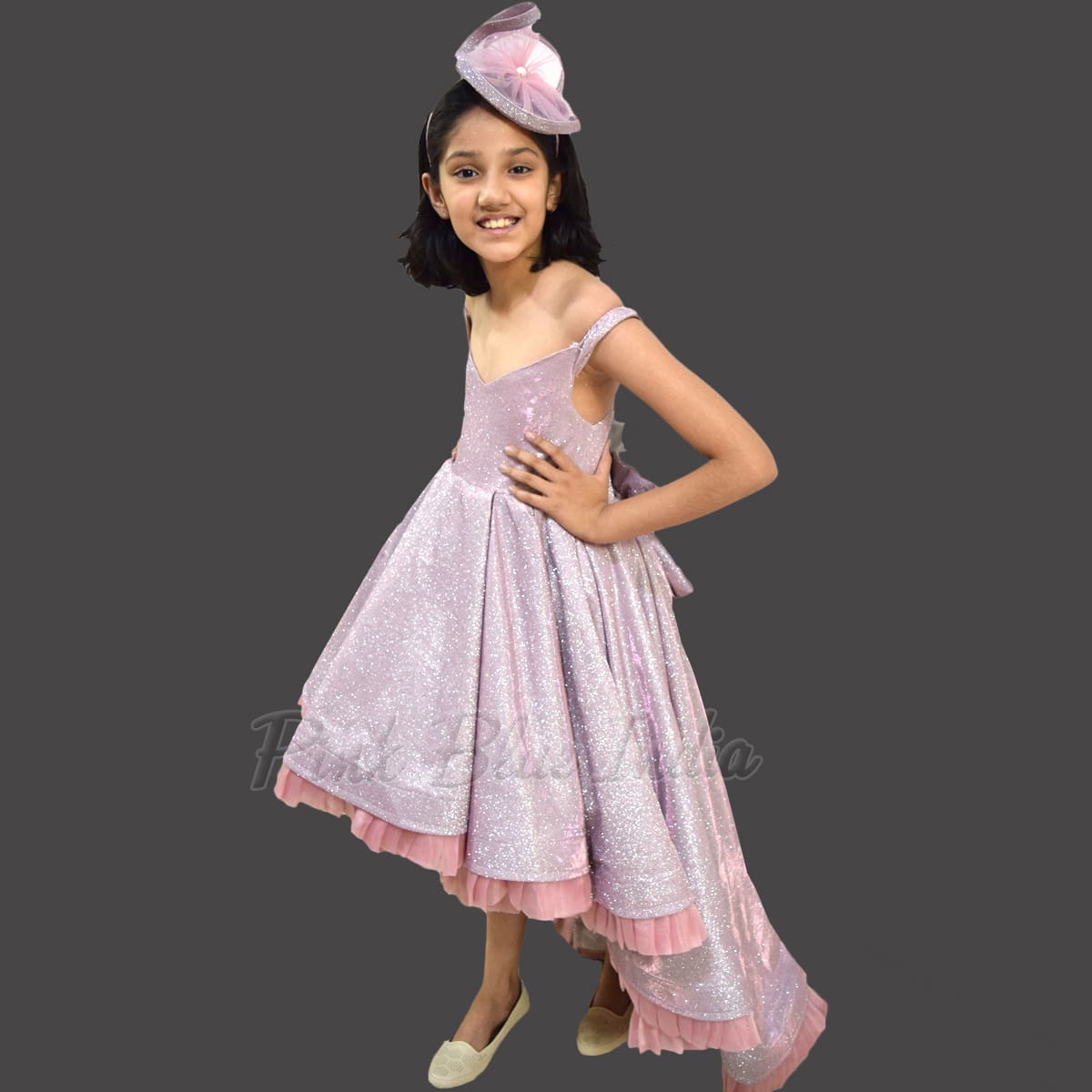 Stylish pink off shoulder high low gown for girls birthday function trendy outfit