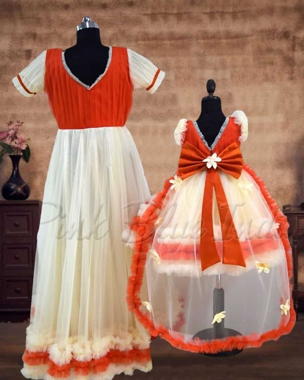Mother daughter orange floral dress matching family party wear stylish elegant look