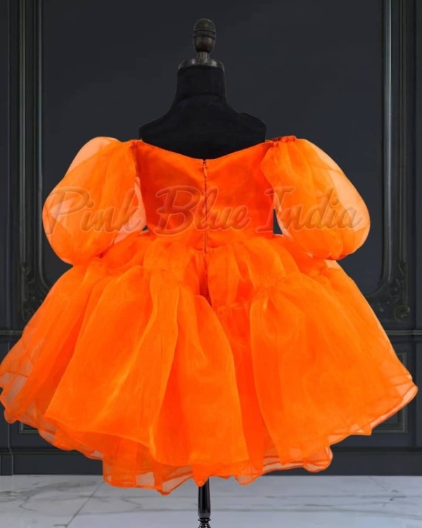 Orange organza birthday dress for baby girl, stylish party outfit