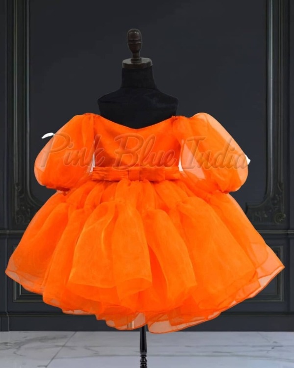 Orange organza frock for baby girl, elegant birthday wear outfit