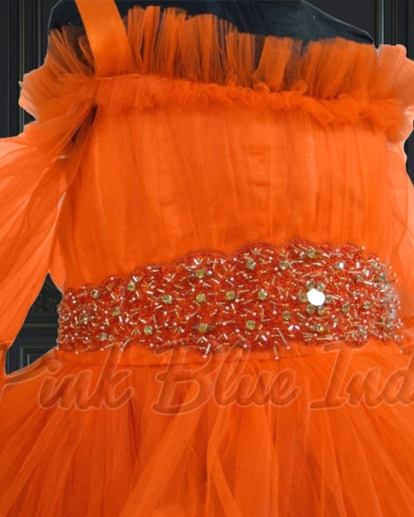 Orange ruffled frock for baby girl, party wear outfit, cute stylish birthday look