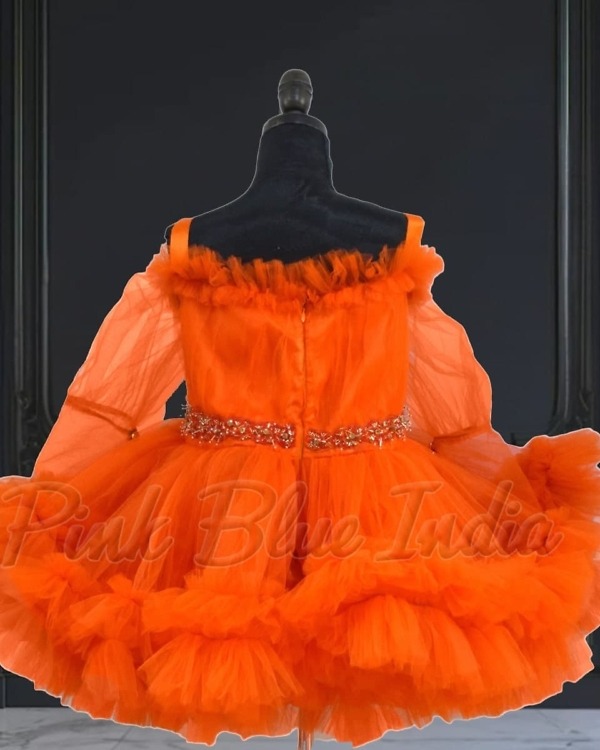 Layered orange ruffle dress for baby girl, birthday party wear, stylish festive outfit