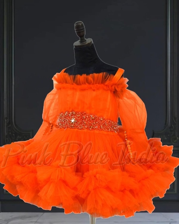 Designer orange ruffled frock for baby girl, birthday celebration wear, cute outfit