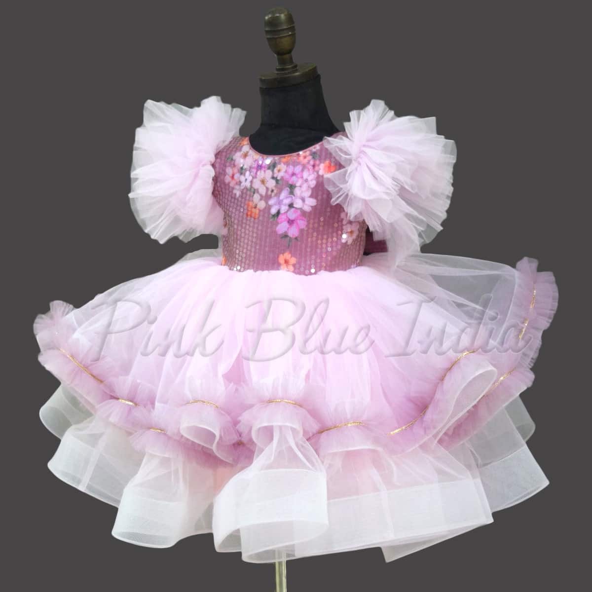 Girls pink ruffle net gown for birthday celebration elegant designer party wear