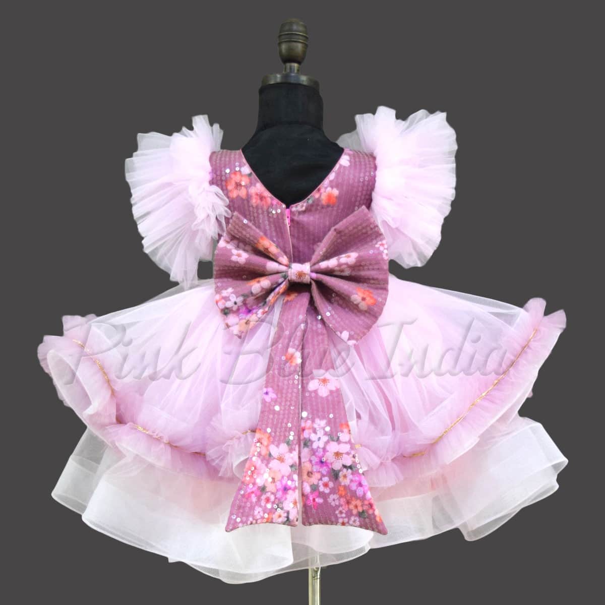 Pink designer net ruffle gown for girls birthday party stylish layered outfit