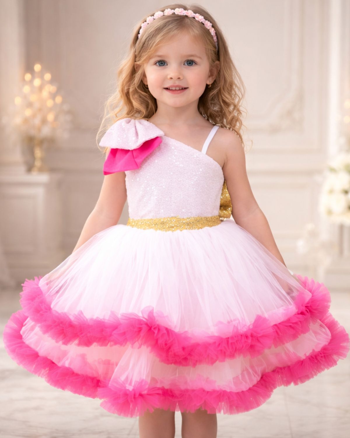 Pink layered girls dress frock, birthday party gown for kids, fluffy outfit