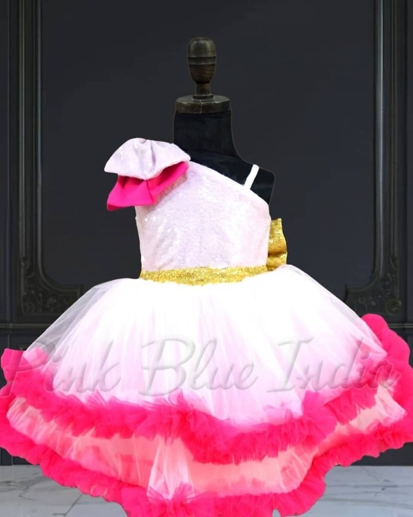 Baby girls pink one-shoulder party dress, birthday wear, elegant & playful
