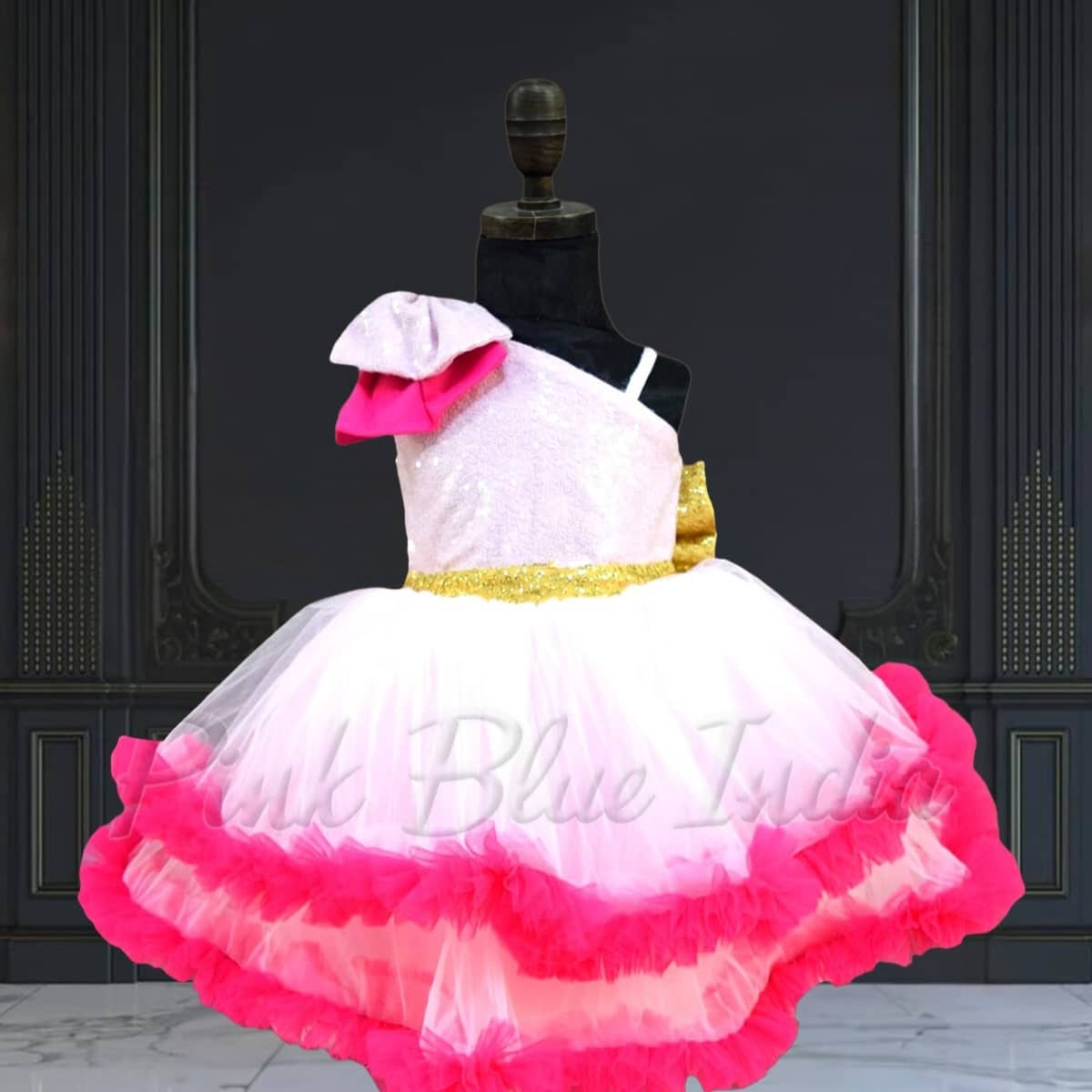 Baby girls pink one-shoulder party dress, birthday wear, elegant & playful
