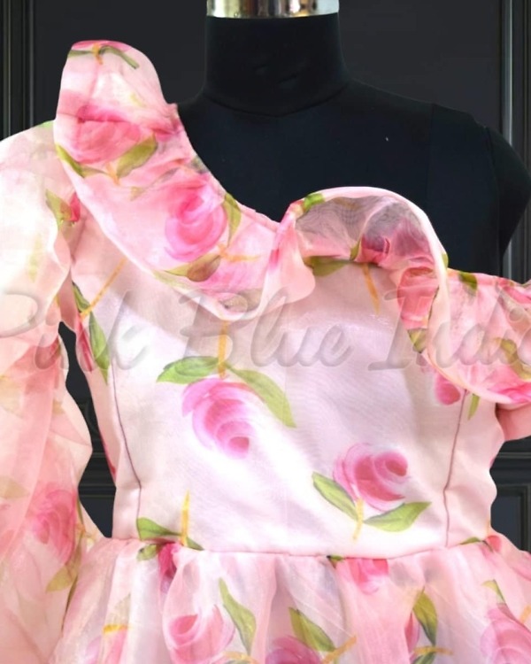 Pink organza floral gown for baby girl, birthday party wear, elegant stylish outfit