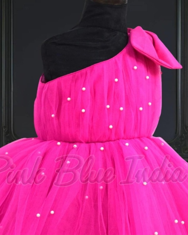 Pink one-shoulder baby girl dress, stylish birthday party outfit with ruffle detail