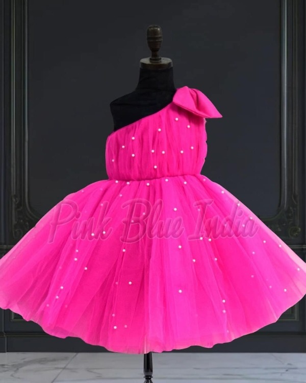 Pink designer one-shoulder baby girl dress, elegant birthday party outfit