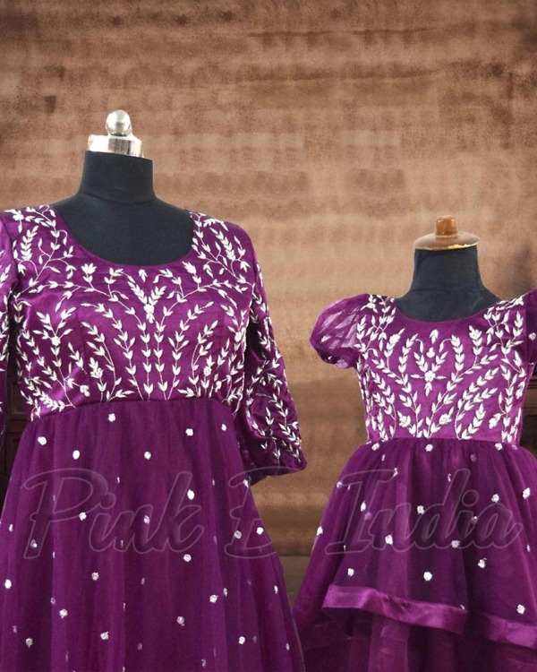 Mom daughter purple handwork matching dress wedding party wear elegant outfit