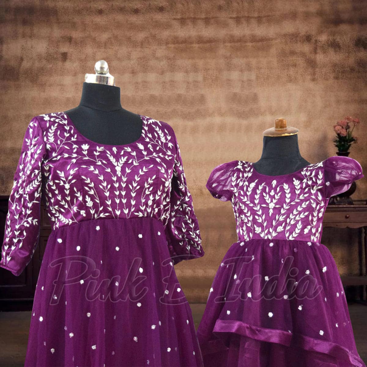 Mom daughter purple handwork matching dress wedding party wear elegant outfit