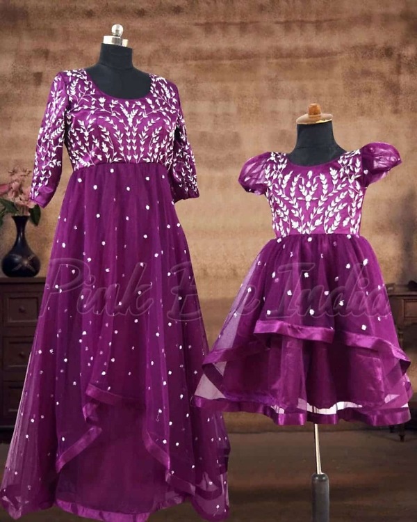 Mother daughter purple matching gown dress wedding party wear stylish family outfit