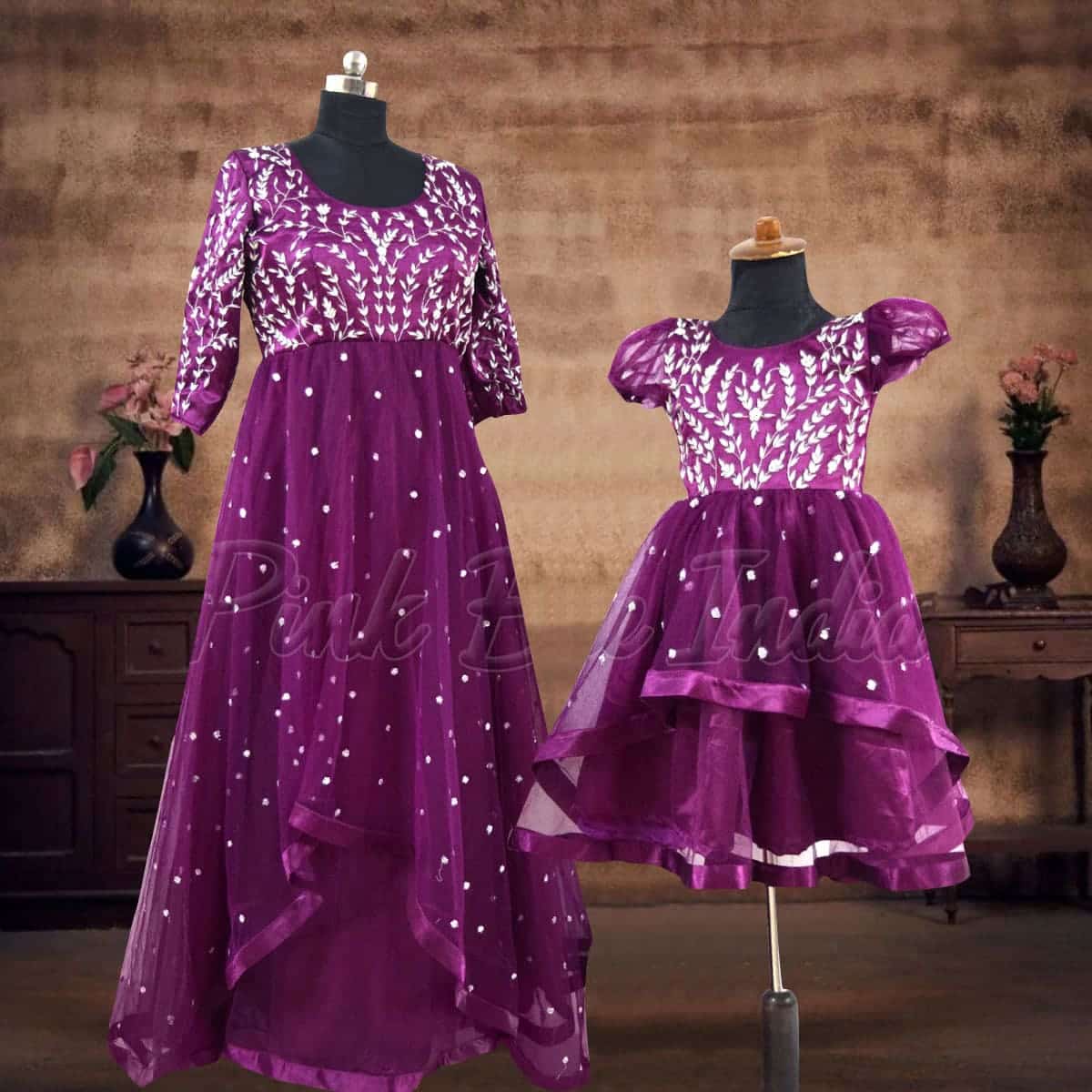 Mother daughter purple matching gown dress wedding party wear stylish family outfit