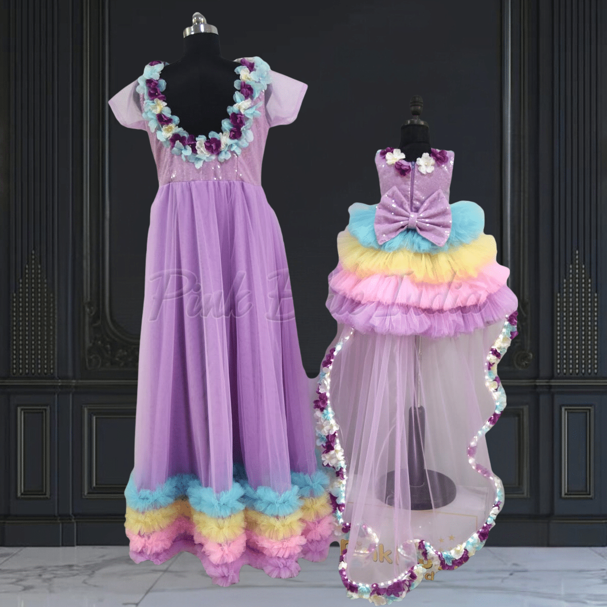 Rainbow unicorn theme mommy and me matching dress by Pink Blue India