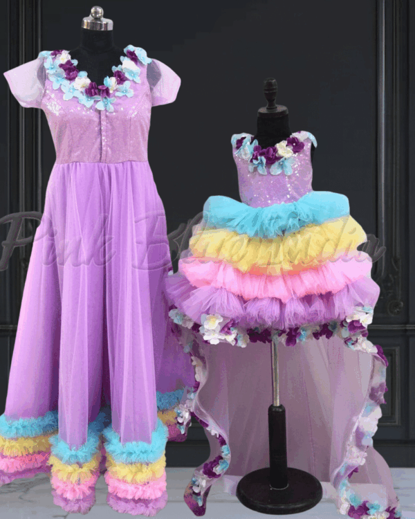 Mother daughter rainbow unicorn coordinated dress set by Pink Blue India