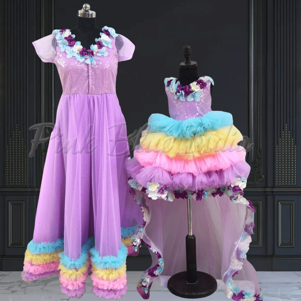 Mother daughter rainbow unicorn coordinated dress set by Pink Blue India