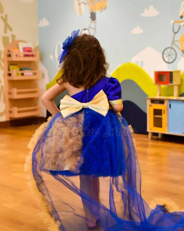 Blue gold princess gown for girls birthday party outfit stylish royal wear