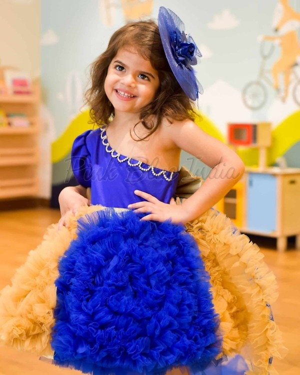 Royal blue golden princess dress for girls birthday gown elegant party wear