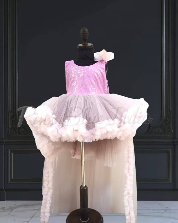 Grey princess trail gown for baby girl, birthday celebration dress, stylish gift wear