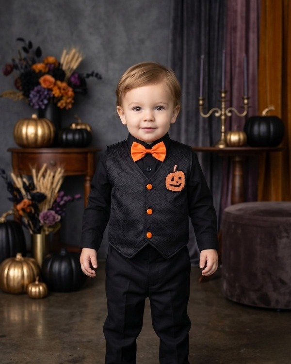 Toddler boy black pumpkin Halloween theme waistcoat with orange bow tie for first birthday party
