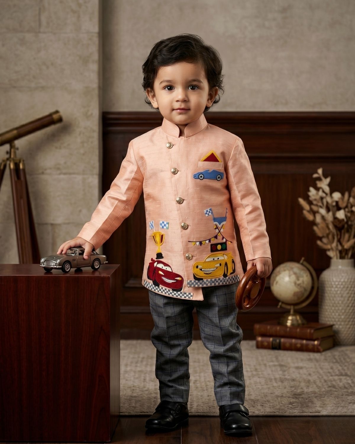 Toddler boy peach McQueen car theme blazer with pants for birthday party celebration kids gift