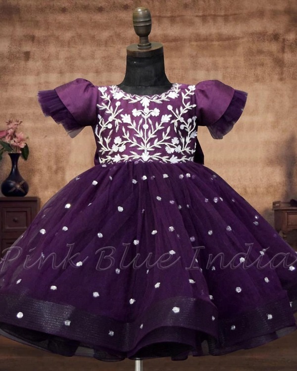 Designer purple party gown for baby girl, birthday wear, elegant stylish outfit