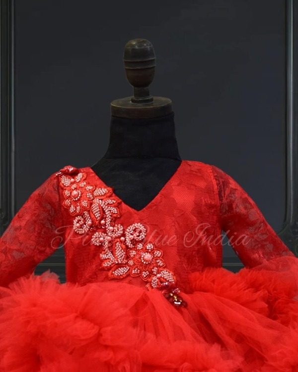 Red ruffled layered gown for baby girl, birthday party wear, elegant stylish outfit