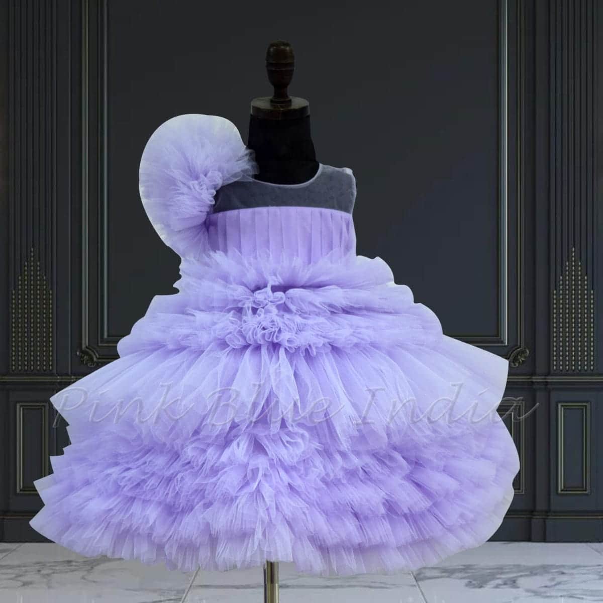 Girls lavender multi layered gown birthday party wear stylish princess outfit