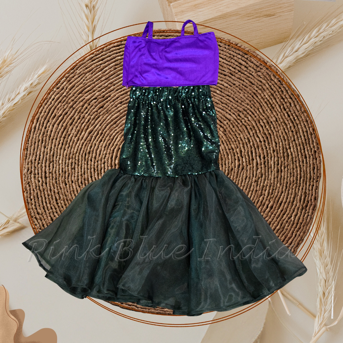 Girls Mermaid Theme Crop Top Skirt Set Birthday Party Outfit Pink Blue India