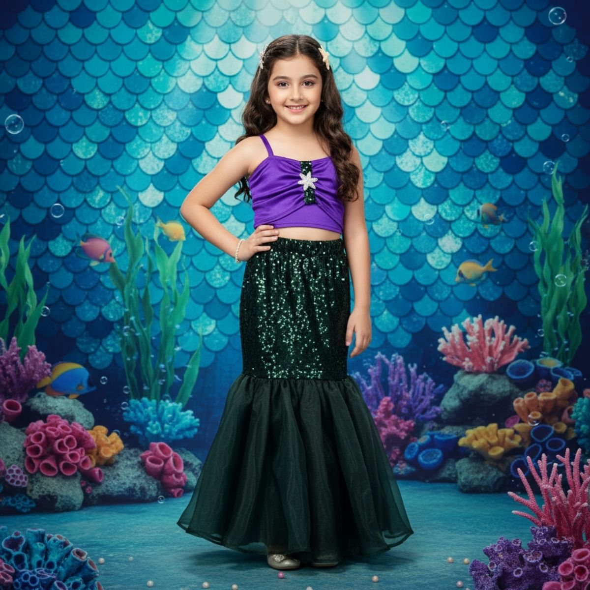 Girls Mermaid Theme Crop Top Skirt Set Party Wear Dress Pink Blue India