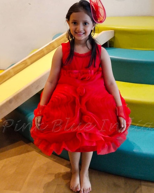 Baby girl red rosette ball gown birthday party wear cute stylish look