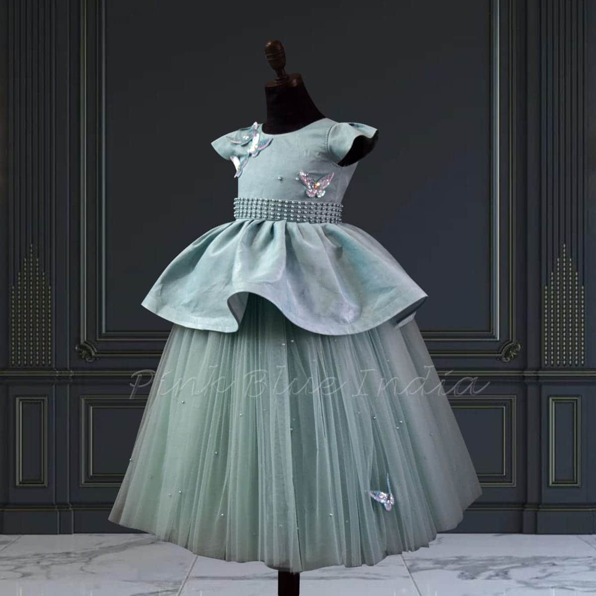 Baby girl butterfly gown with beads work birthday party wear cute princess outfit