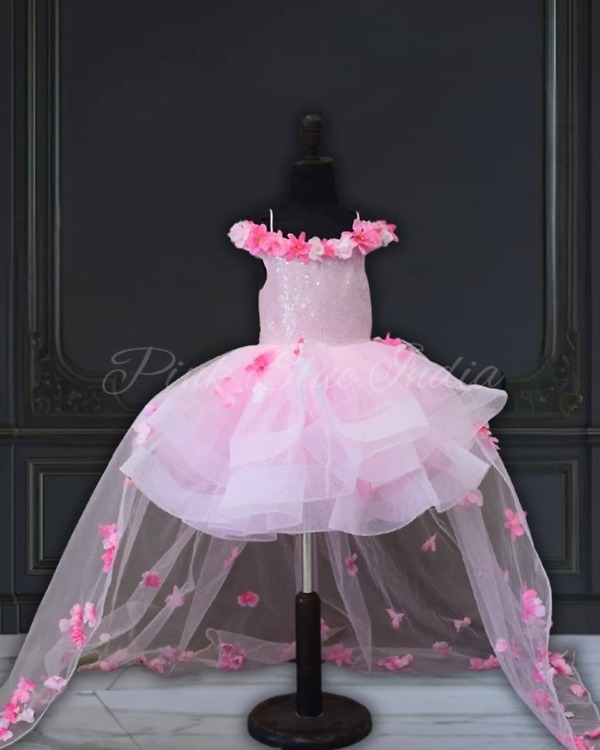 Off shoulder floral train gown for baby girl, birthday party wear, elegant look