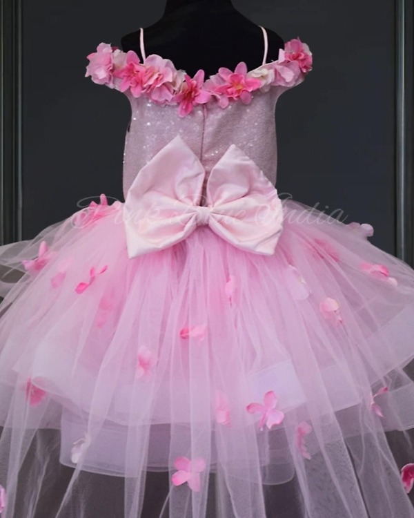 Floral off shoulder trail gown for baby girl, birthday party wear, elegant stylish look