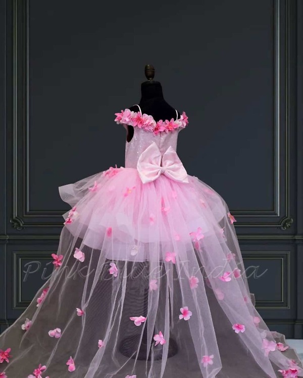 Girls off shoulder floral train gown wedding party wear elegant stylish outfit