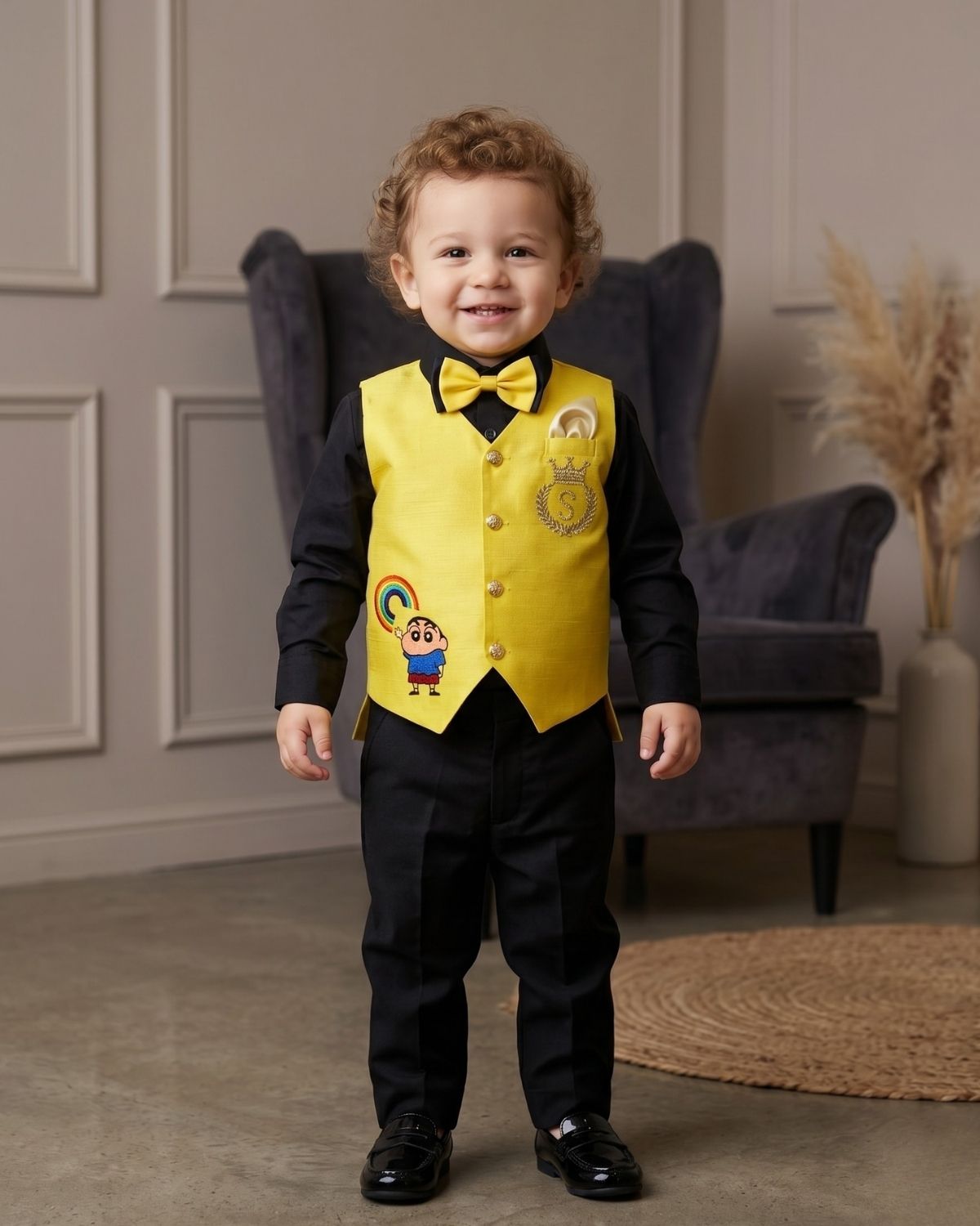 Toddler boy yellow Shinchan theme waistcoat with black pants for birthday party celebration gift