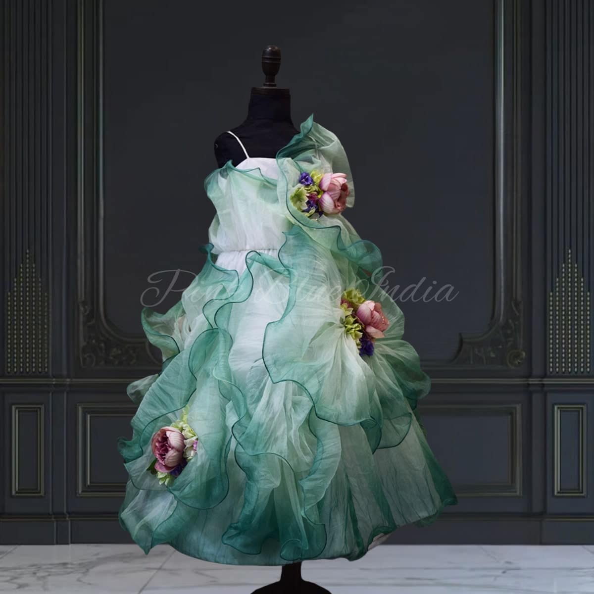 Designer ombre floral gown for baby girl, party wear outfit, elegant stylish look