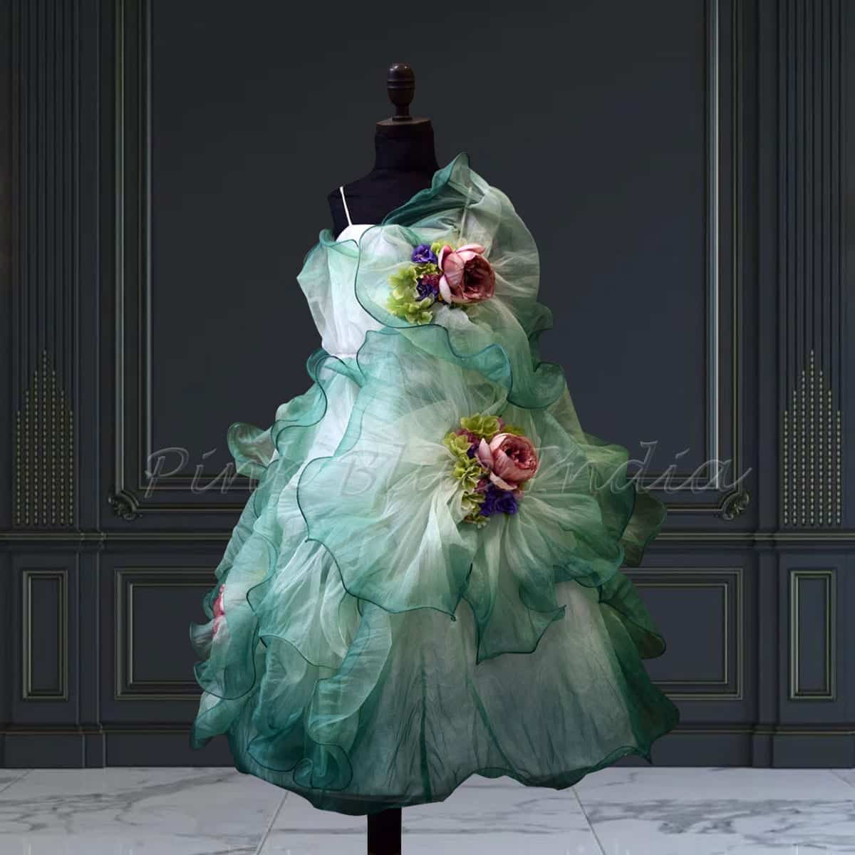 Girls 3D ombre floral luxury gown birthday party wear stylish designer outfit