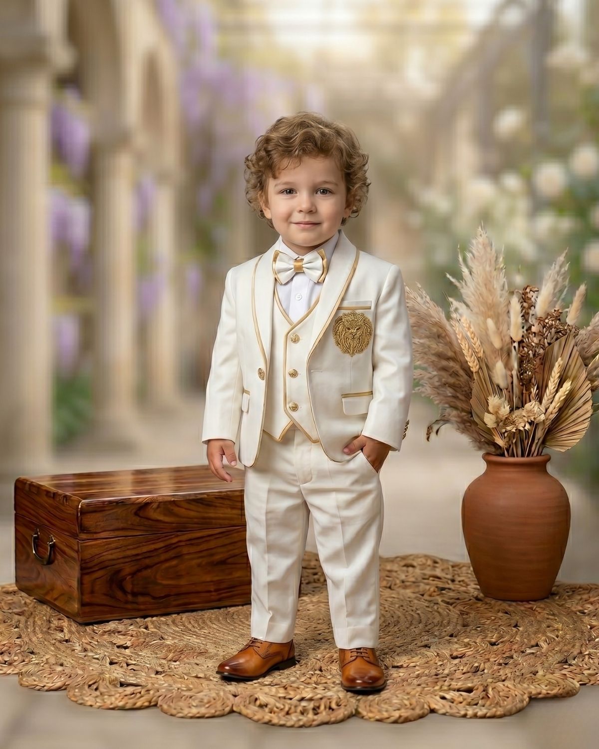 Baby boy off white hand embroidered tuxedo 5 piece suit for wedding ethnic ceremony party gift