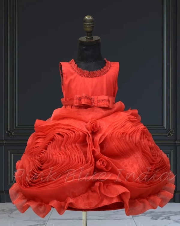 Baby girl red floral rosette gown birthday party outfit premium elegant style