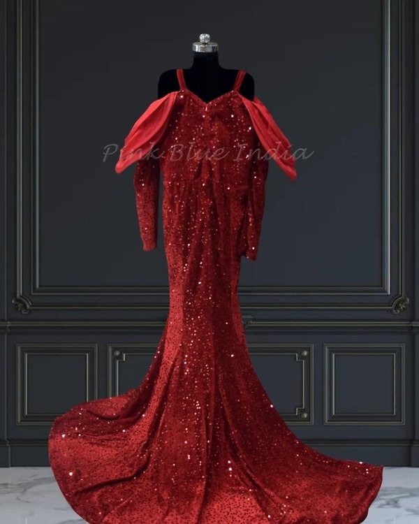 Baby girl maroon velvet mermaid gown birthday outfit stylish party wear