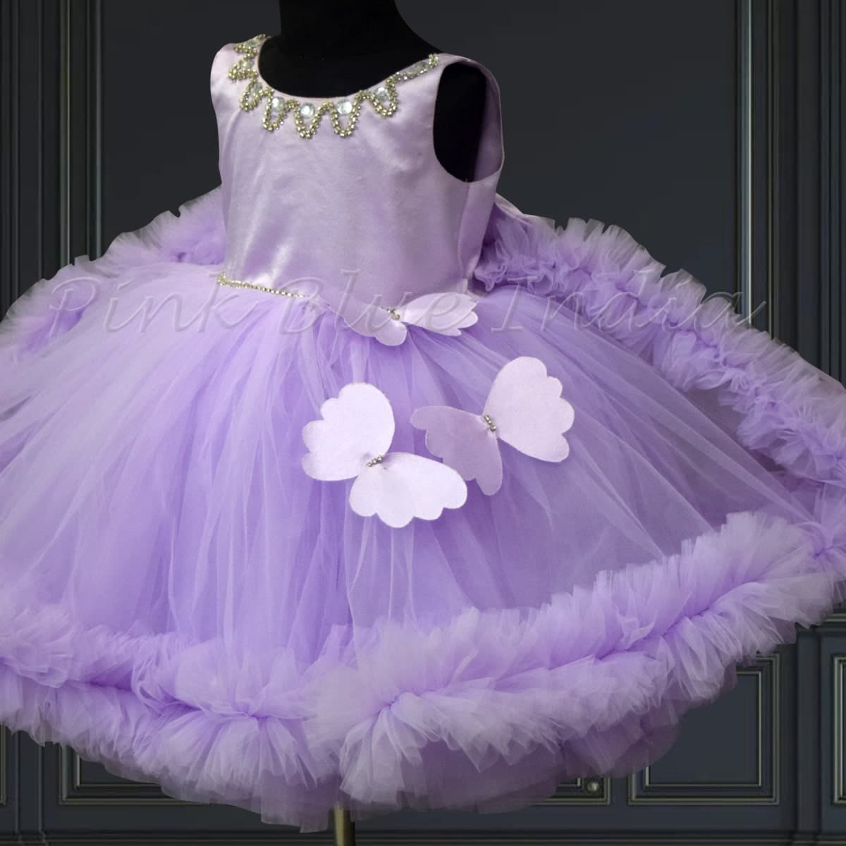 Butterfly theme train gown for baby girl birthday party outfit fancy stylish look