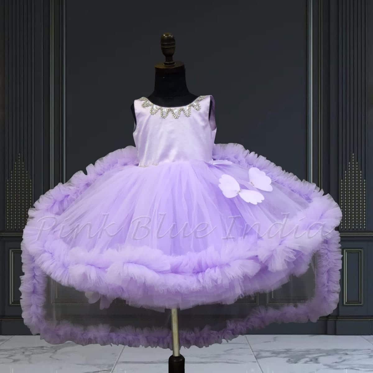 Butterfly theme gown for baby girl birthday outfit long train fancy party wear