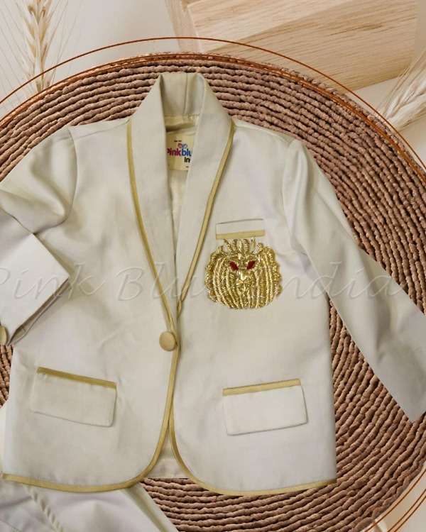 Off white tuxedo suit for boys with embroidery, stylish wedding outfit