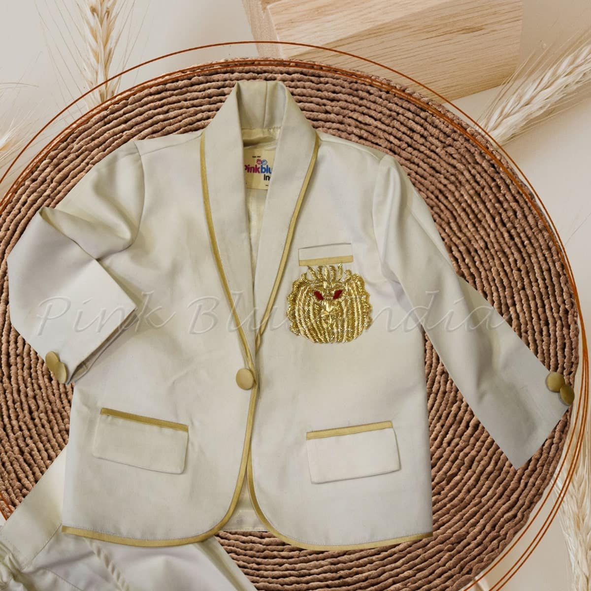 Off white tuxedo suit for boys with embroidery, stylish wedding outfit